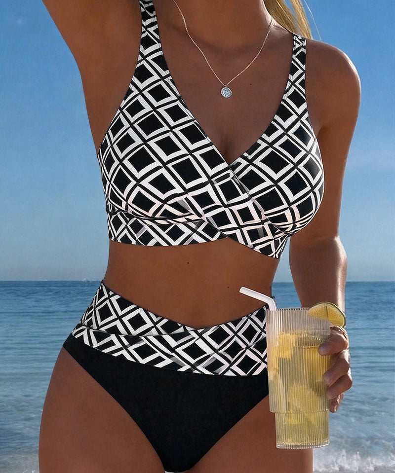 Dóra | Xadrez Mintás Bikini Magas Derekú Sutiánélküli Fazon
